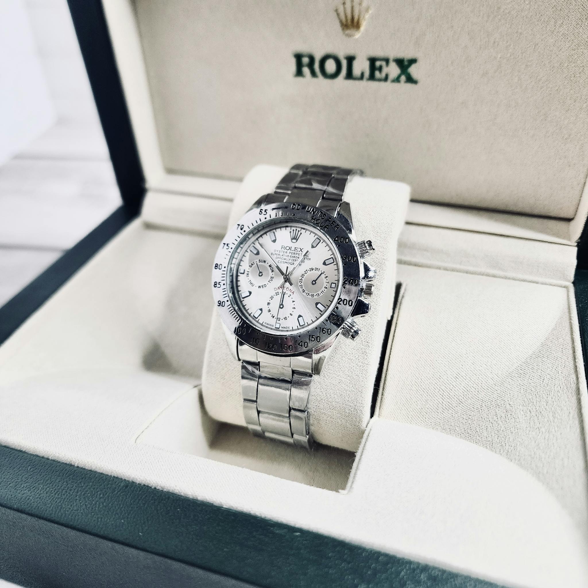 Sleek Silver Watch Elegantly Displayed In A